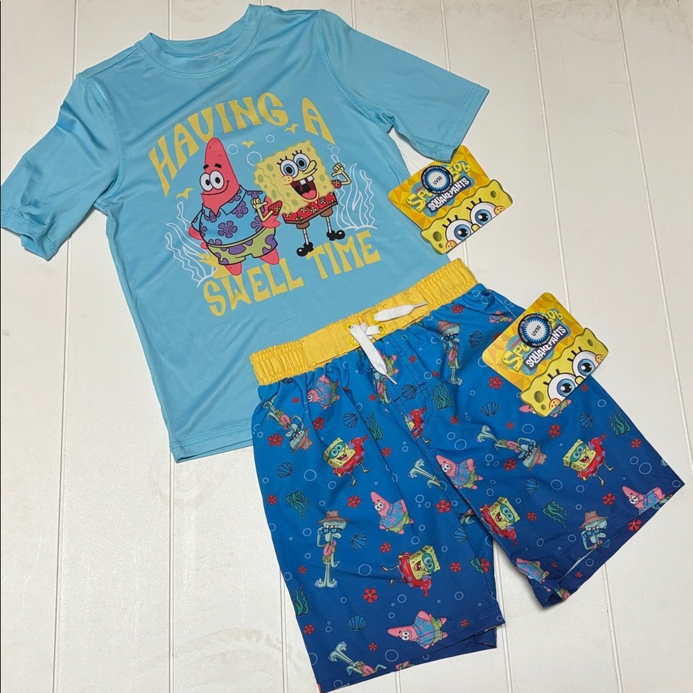 Spongebob Squarepants Kids Rashguard Swim Shirt & Shorts Bathing Suit Set Boys